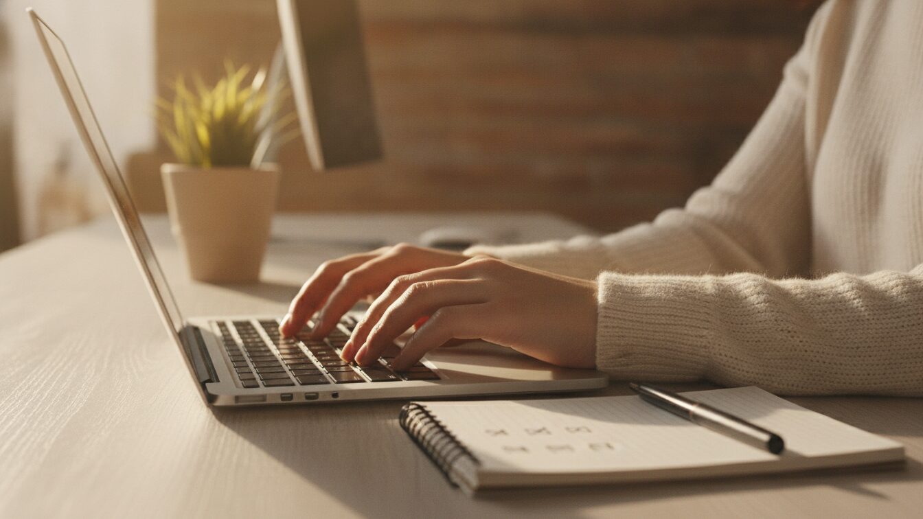 Hands typing on a laptop next to a numbered checklist on a warm-lit desk