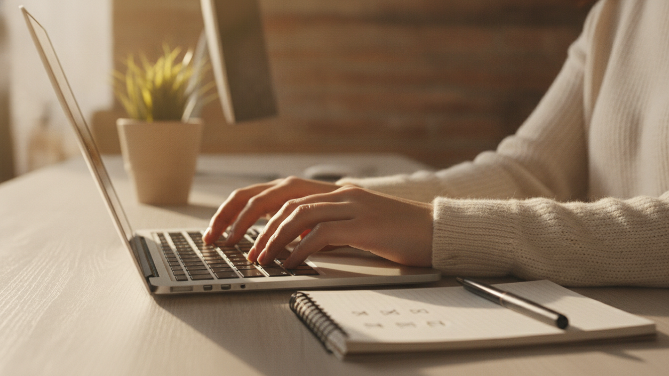 Hands typing on a laptop next to a numbered checklist on a warm-lit desk