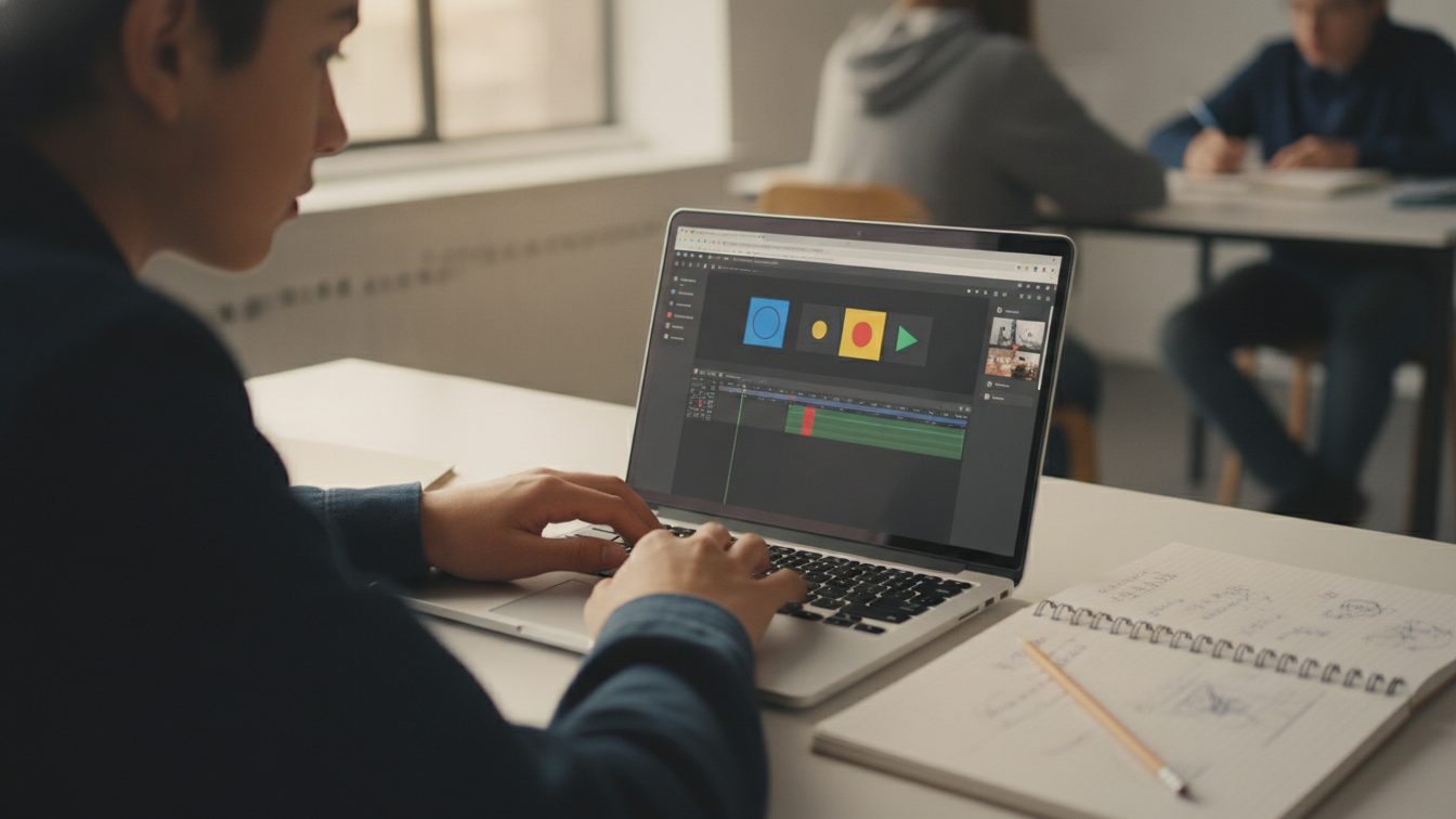 Student editing a browser-based video project on a Chromebook with notes nearby