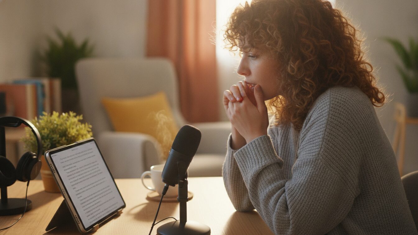 Instructor recording a voiceover into a microphone while reading from a script on a tablet
