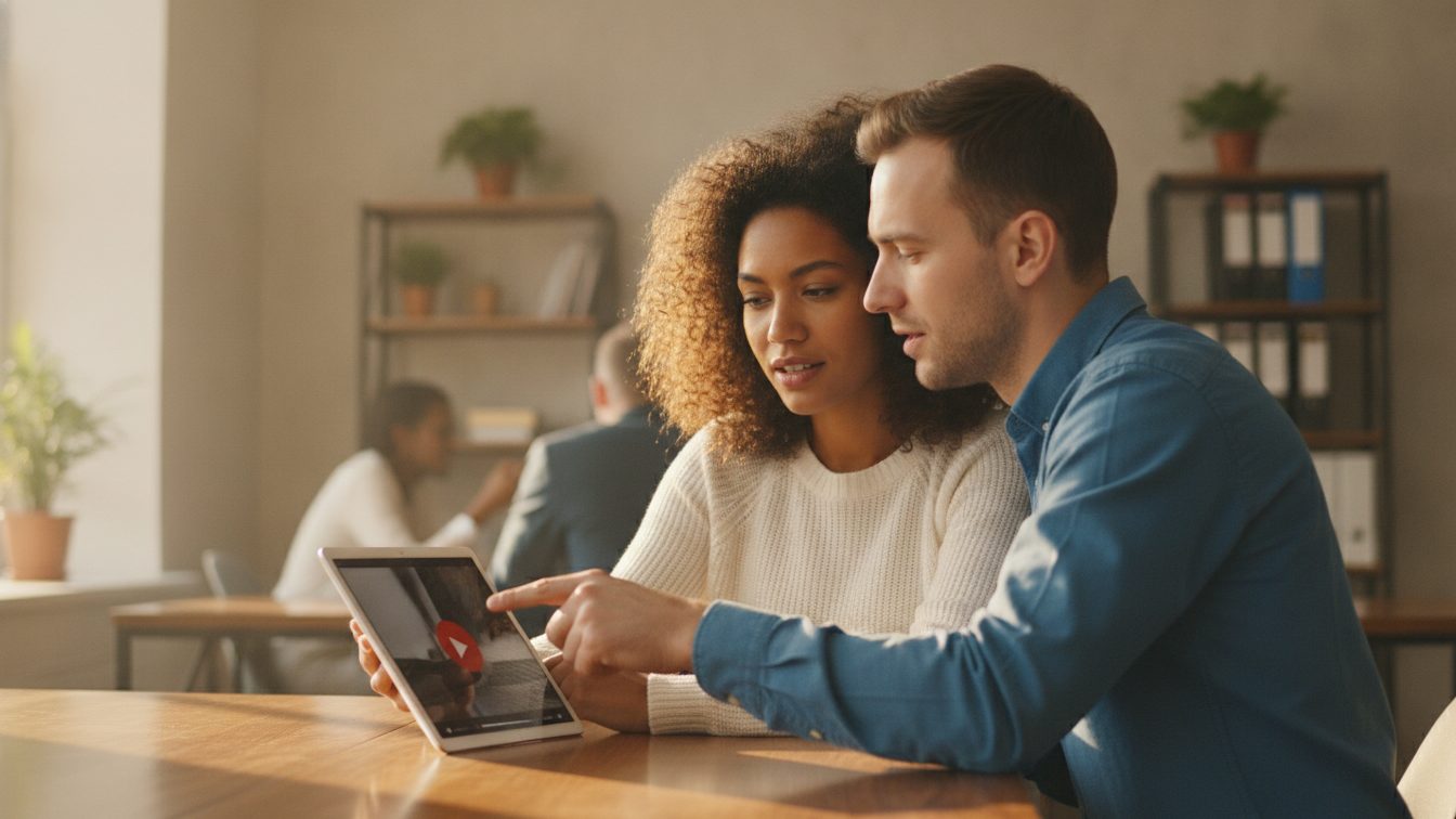 Two coworkers reviewing a video on a tablet and discussing feedback together