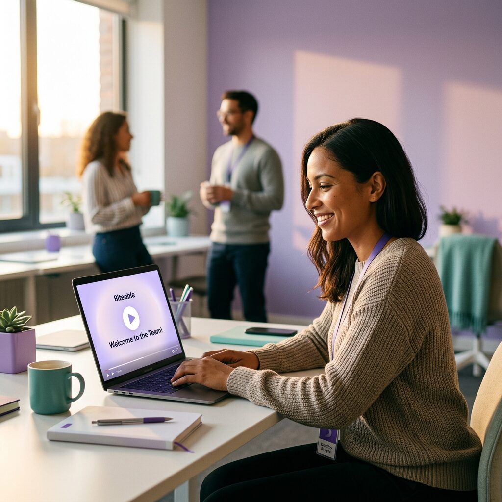 A new employee watching a welcome to the team video.