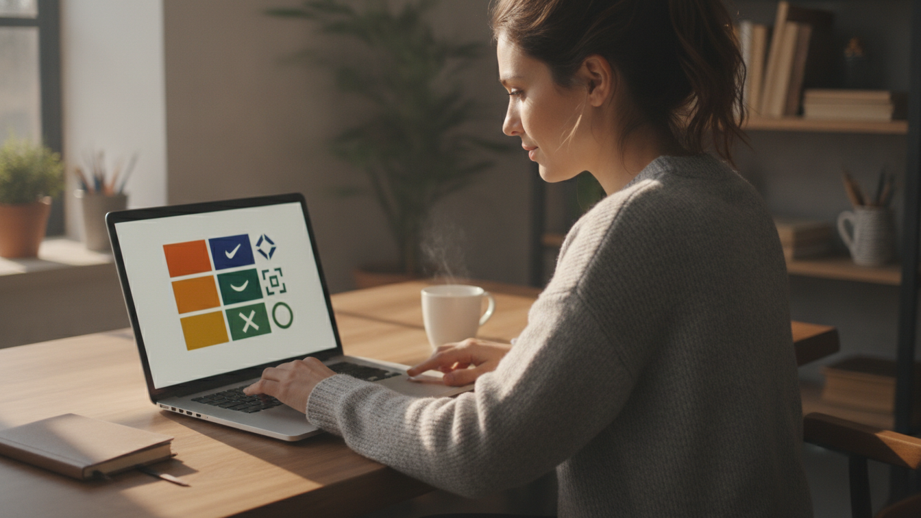Person selecting brand colors and assets on a laptop in a warm modern workspace
