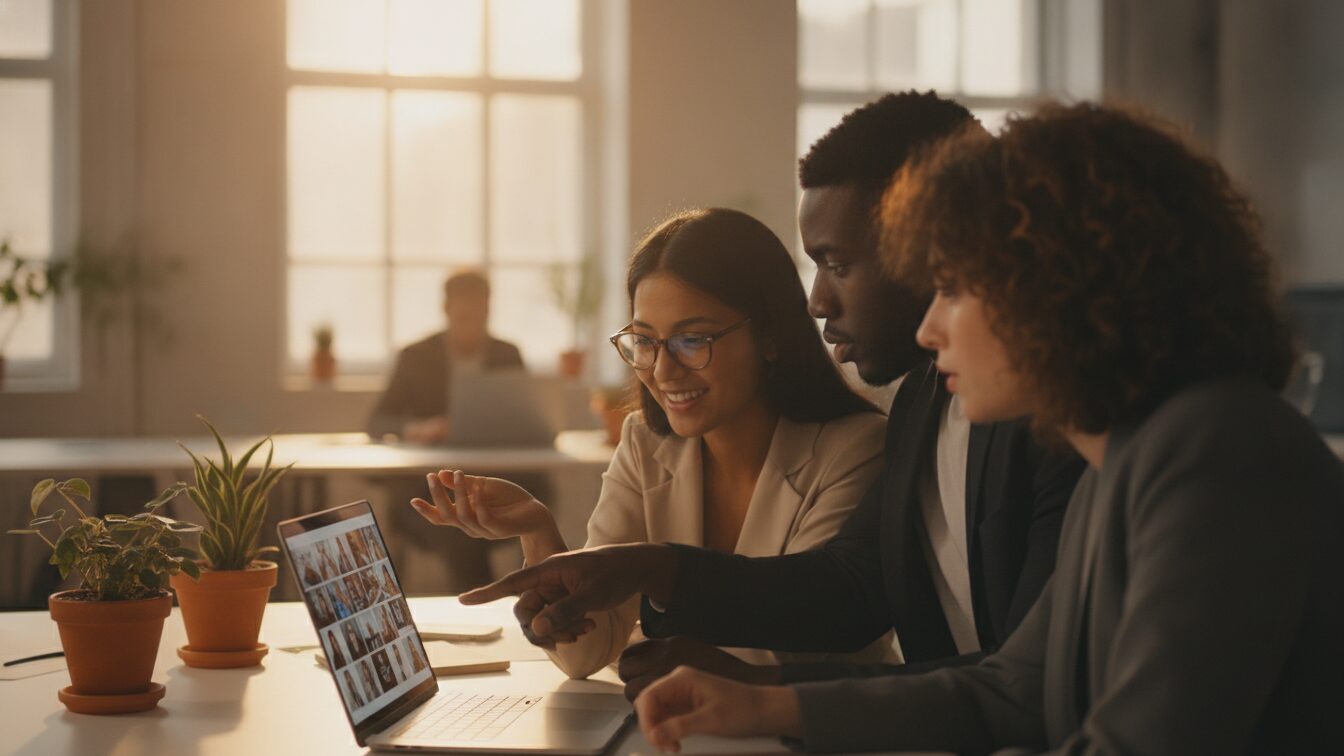 Three diverse colleagues collaborating around a laptop while reviewing video footage