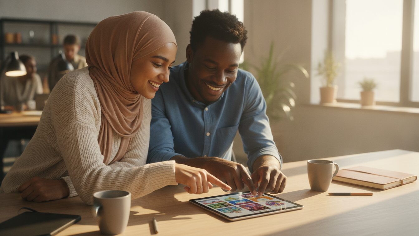 Two colleagues reviewing video scene templates together on a tablet
