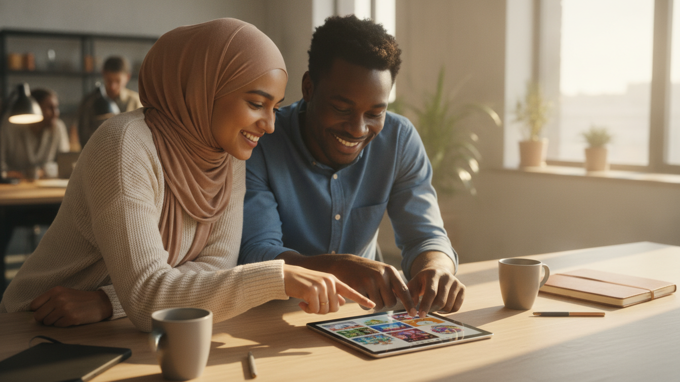 Two colleagues reviewing video scene templates together on a tablet