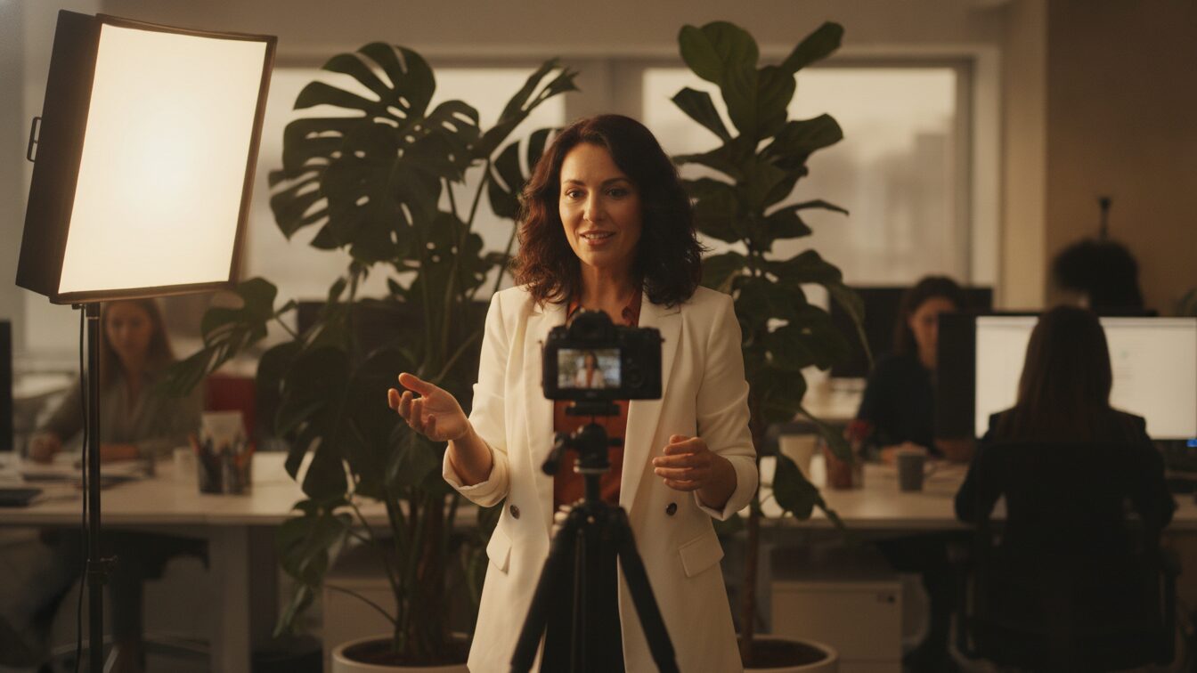 Woman recording a concise announcement video facing a camera in a warmly lit modern office