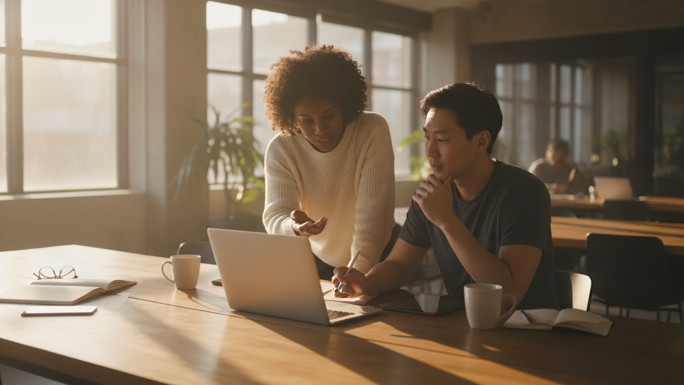 Two coworkers reviewing a video draft together on a laptop in a warm modern workspace