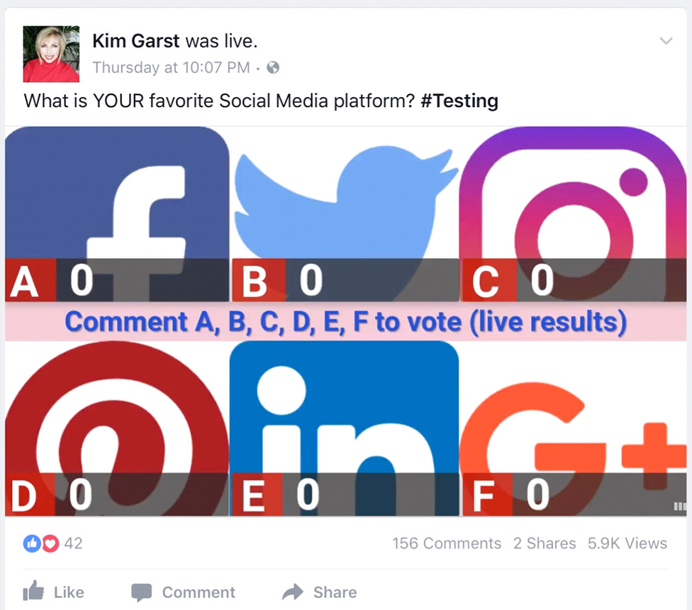 Facebook post featuring a Biteable video showcasing the logos of Facebook, Twitter, and Instagram, with text asking for the user's favorite social media platform. Includes live reactions and interaction metrics.