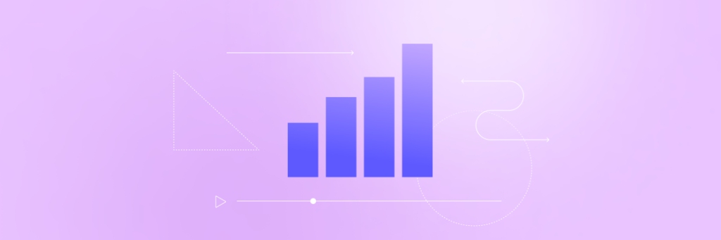 A Biteable video maker bar chart infographic on a purple gradient background featuring abstract geometric shapes.