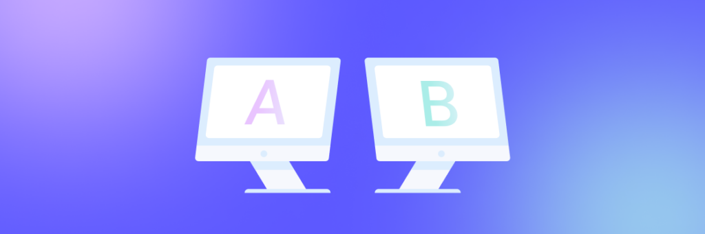 Two computer monitors with the letters "a" and "b" on their screens, designed using Biteable video maker, against a gradient blue and purple background.