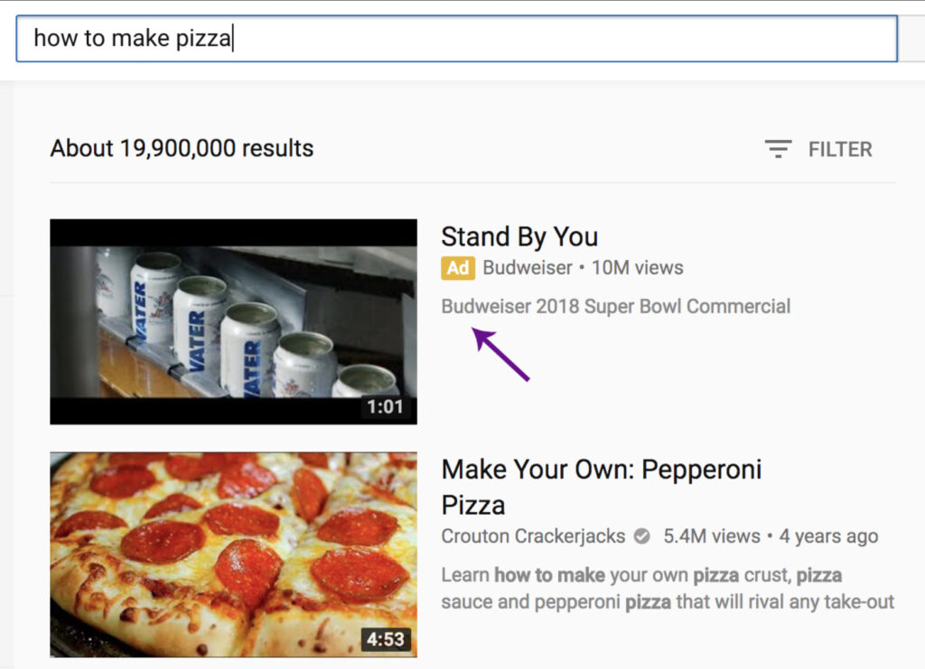 Search engine results page displaying videos on how to make pizza, including a thumbnail of a pepperoni pizza and an ad for Biteable video maker.