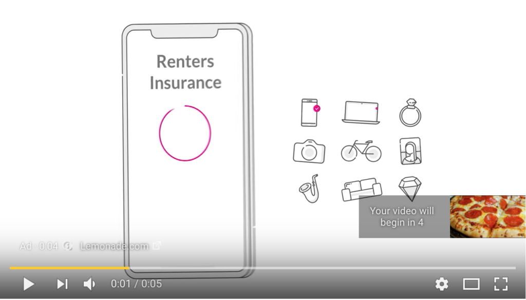 Smartphone displaying a "renters insurance" ad using Biteable video maker, with icons like a ring and bicycle, and video countdown showing "your video will begin in 4.