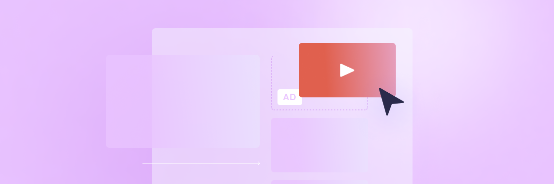 Graphic showing a cursor arrow clicking on a Biteable video maker play button with an "ad" icon, on a purple gradient background.