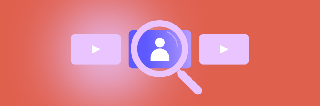 Conceptual illustration of a magnifying glass focusing on a user profile icon between two Biteable video maker play buttons on an orange background.