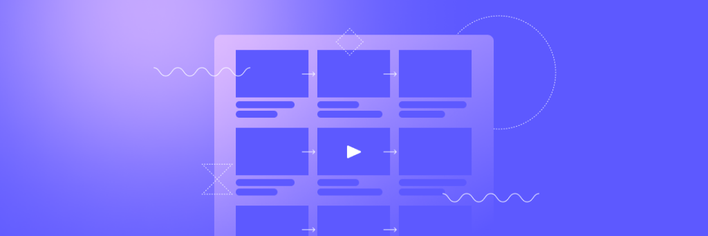 Illustration of a stylized Biteable video maker interface with rectangular grid sections containing symbols like a play button, set against a gradient blue background.