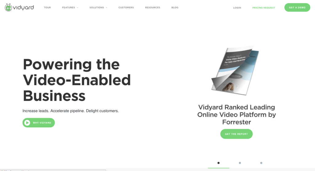 A screenshot of vidyard's homepage, featuring an advertisement for a video-enabled business platform with a call to action to read a report.