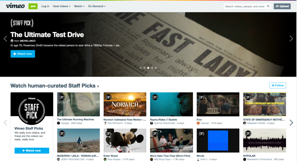 A screenshot of the vimeo homepage featuring a selection of staff-picked videos and an option to search for more content.