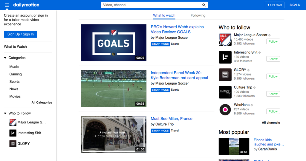 Screenshot of the dailymotion website featuring various video content including sports highlights and travel.
