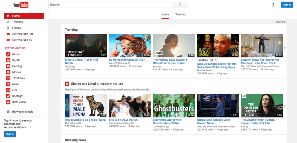 A screenshot of the youtube trending page, showing a selection of popular videos and categories.