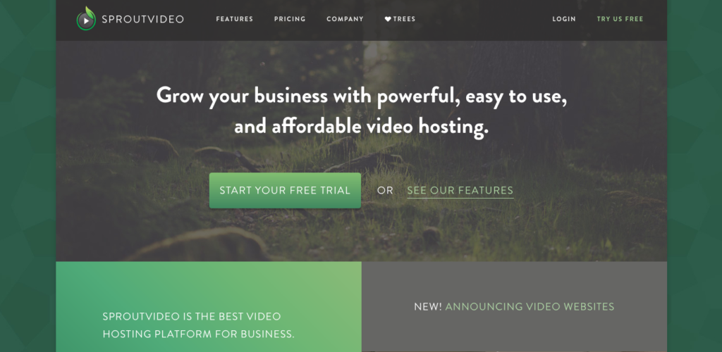 A website homepage for sproutvideo showcasing their video hosting services with a call to action for a free trial.
