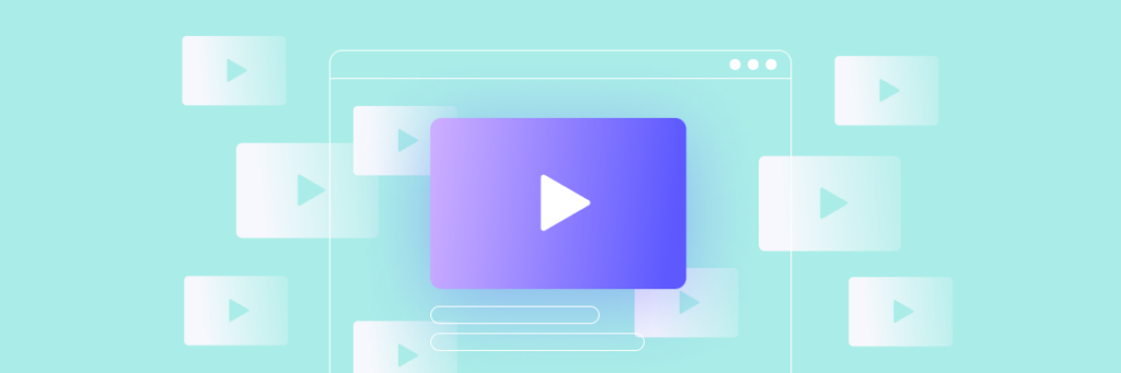 Digital video platform concept with play button and multiple video icons on a light blue background.