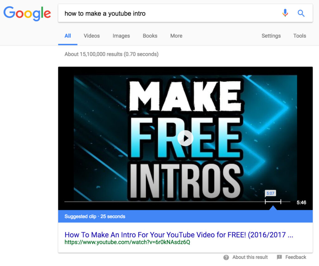 Screenshot of a Google search results page displaying a YouTube video titled "How to Make an Intro for Your YouTube Video for Free with Biteable! (2016/2017)" with a thumbnail featuring large