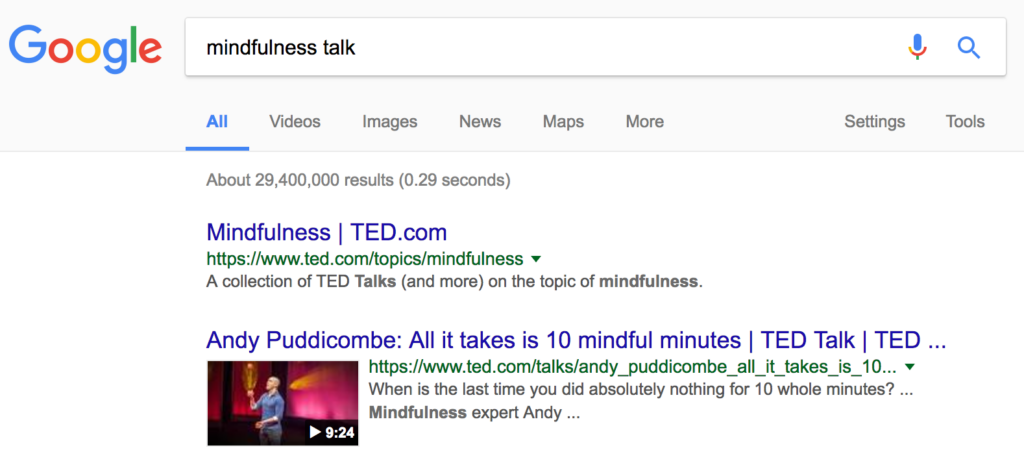 Screenshot of a Google search results page for "mindfulness talk," displaying a link to Ted Talks and a Biteable video maker project on mindfulness.