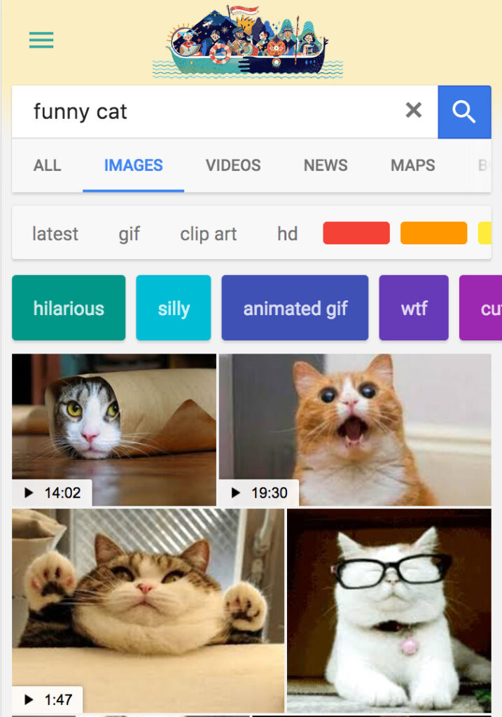 A search engine results page displaying funny cat images, including various humorous cat expressions and poses created with Biteable video maker.