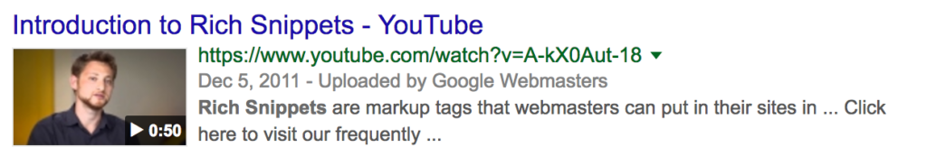 Screenshot of a YouTube video titled "Introduction to Rich Snippets," featuring a thumbnail of a man speaking, uploaded by Google Webmasters on December 5, 2011, created using Biteable video
