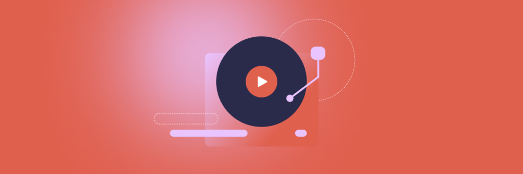 Abstract illustration of a stylized Biteable video maker interface with a play button, progress bar, and volume control on a warm coral background.