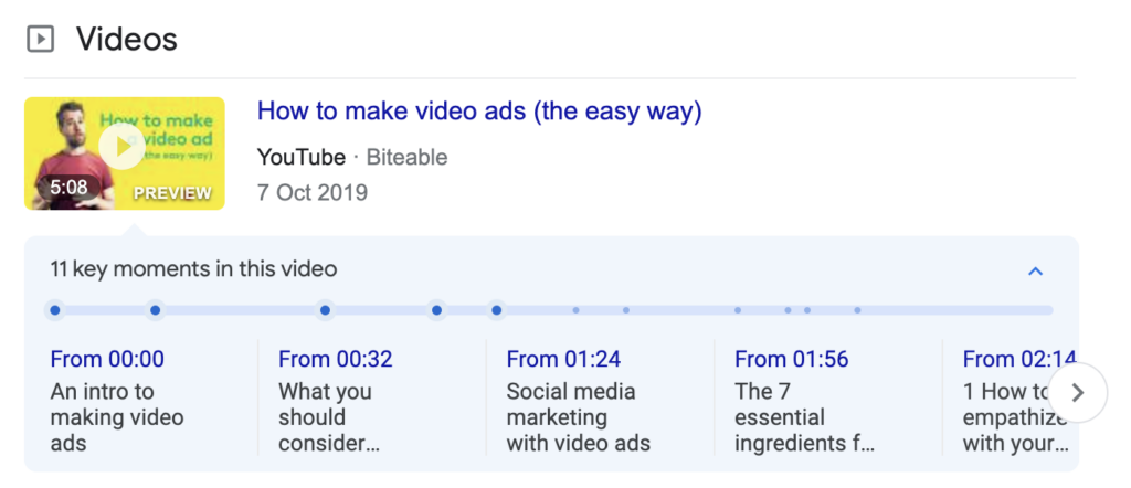 Screenshot of a Youtube video interface showing various key moments in a tutorial on how to make video ads using the Biteable video maker, with video timestamps and topics listed.