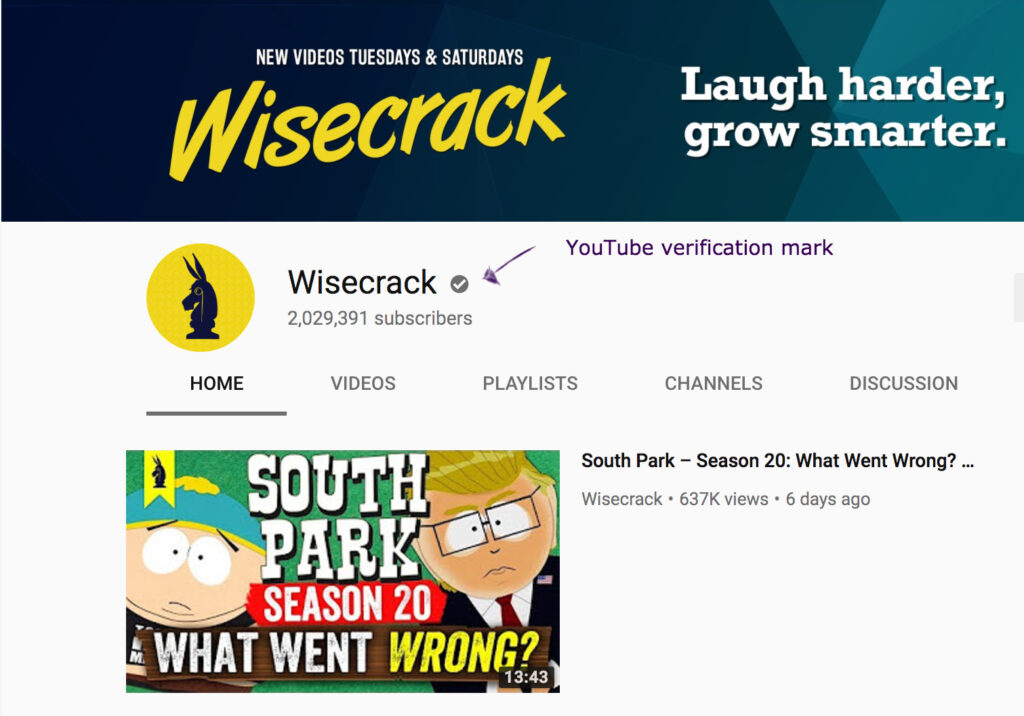 Screenshot of wisecrack's YouTube channel homepage highlighting a video titled "South Park - Season 20: What Went Wrong?" made with Biteable video maker, with a thumbnail featuring cartoon