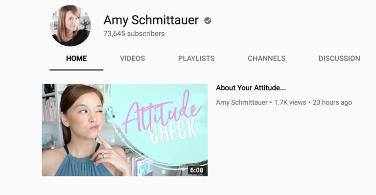 Youtube profile of Amy Schmittauer with 73,645 subscribers, featuring a Biteable video maker thumbnail of her discussing "attitude check.