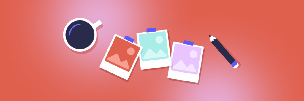 A stylized illustration of a desk with scattered polaroid photos, a cup of coffee, and a pencil, showcasing some of the best sites for free images.