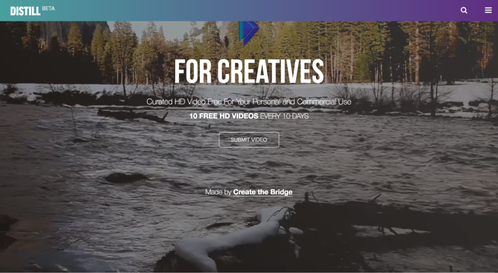 River flowing through a forest with a website interface overlay advertising curated hd videos for creatives.