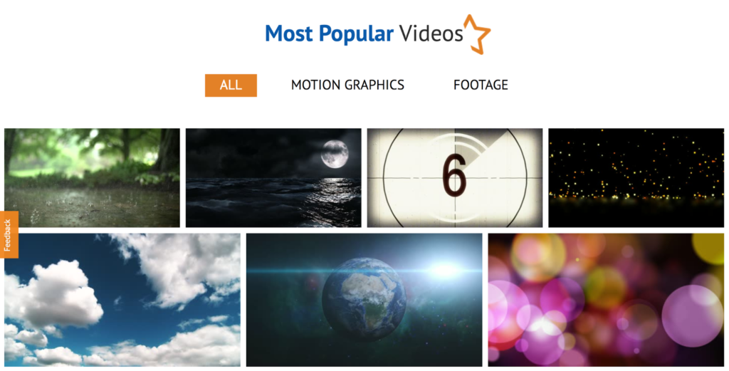 A website section showcasing a collection of thumbnails for "most popular videos" with filters for 'all', 'motion graphics', and 'footage'.