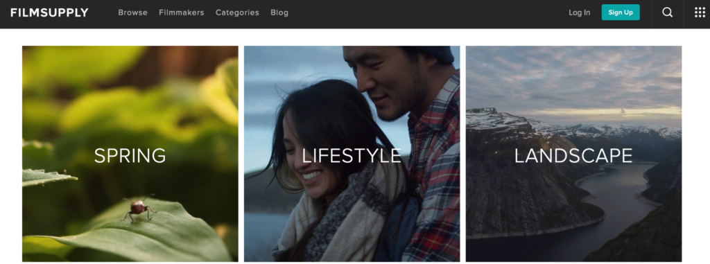 Three thematic panels created with Biteable video maker representing different video categories: a close-up of a ladybug on a leaf labeled "spring," a smiling couple captioned "lifestyle," and a scenic