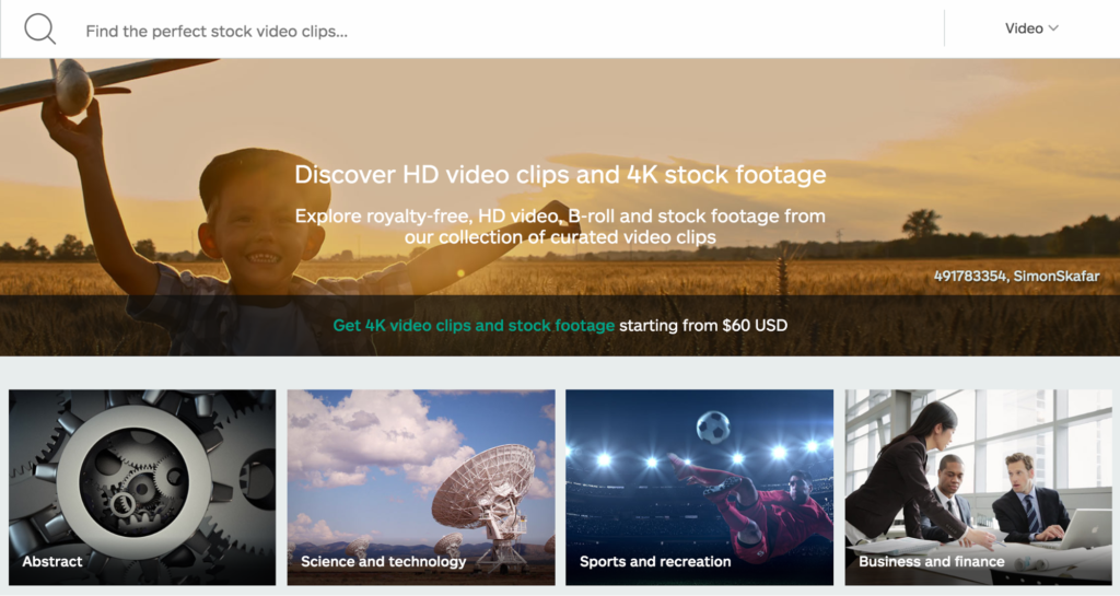 A website offering a variety of hd and 4k video clips and stock footage across categories like abstract, science and technology, sports and recreation, and business and finance.