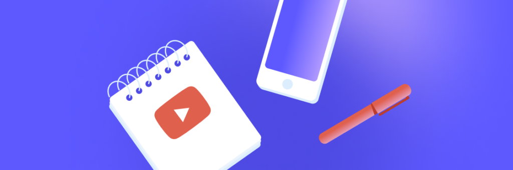 Illustration of a notepad with a Biteable video maker play button icon, a smartphone, and a pen on a blue background.