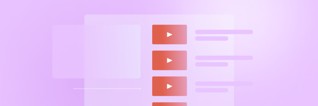 A digital illustration of a user interface with Biteable video content thumbnails and text placeholders on a purple background.