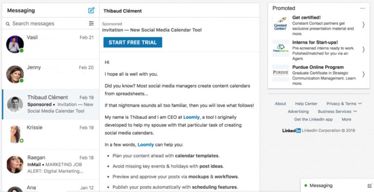 Screenshot of a LinkedIn interface showing messages, user profiles, and advertisements, with a focus on a message from Thibaud Clément advertising Biteable video maker.