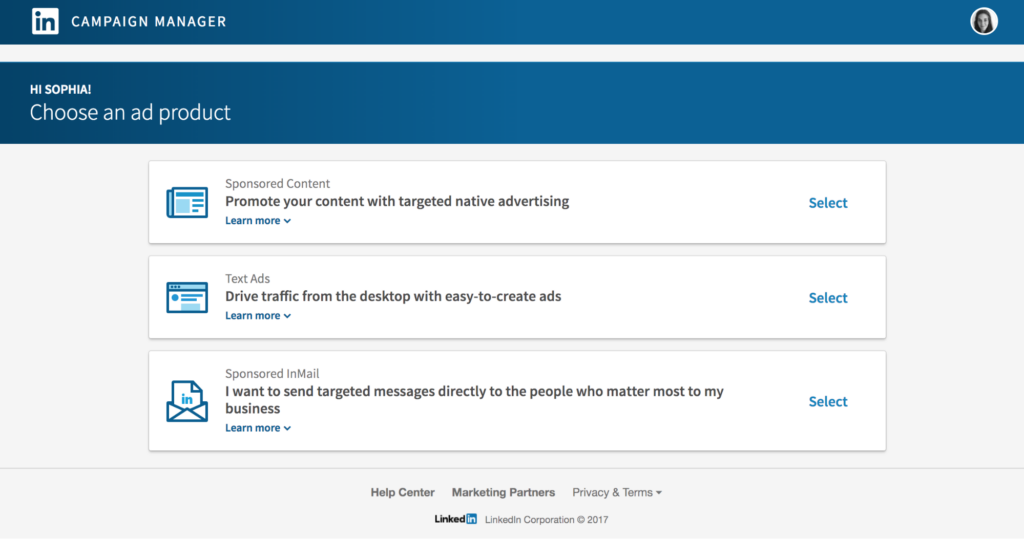 Screenshot of LinkedIn Campaign Manager interface displaying options to choose an ad product, including "sponsored content," "text ads," and "Biteable video maker.