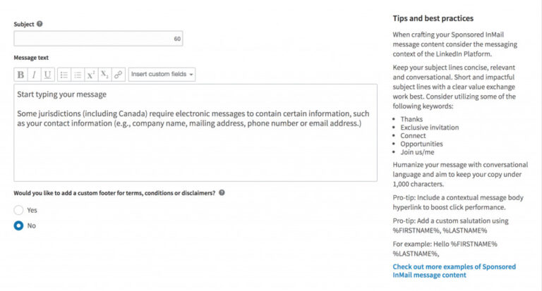 Screenshot of an email message format guide with tips on content personalization, showcasing various fields and options for message customization, including Biteable video maker integration.