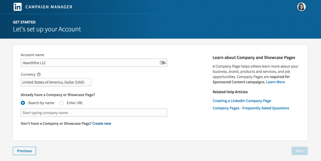 Screenshot of LinkedIn's campaign manager setup page, featuring fields for entering "account name", "currency", and options to link to a company page or integrate with Biteable video maker.