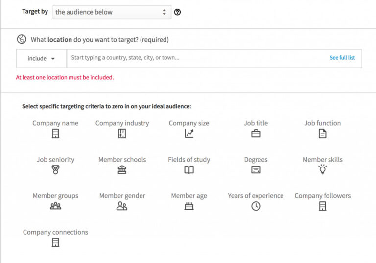 Screenshot of the Biteable video maker's digital interface for target audience selection with various criteria options like company name, industry, job seniority, and location.