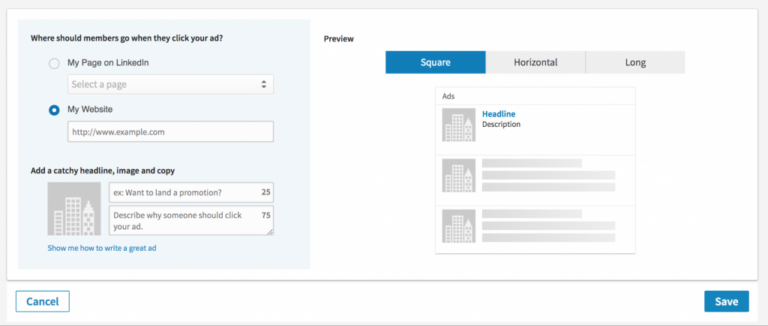 Screenshot of the Biteable video maker interface with options to select a destination link, input a headline, description, and ad text, plus a preview of ad layouts.