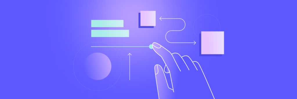 A graphic illustration of a hand interacting with abstract shapes and flowchart elements on a Biteable video maker's purple background.