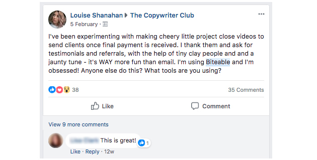 A screenshot of a facebook post by louise shanahan discussing her use of personalized close videos to thank clients, accompanied by reactions and comments from other users.