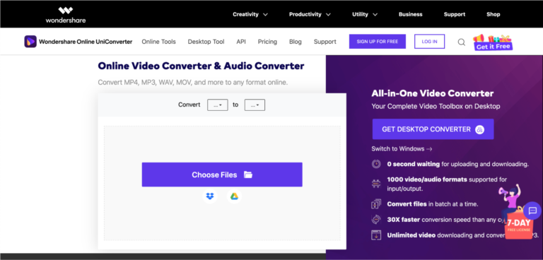 Screenshot of wondershare uniconverter's online video and audio converter interface with an option to choose files for conversion.